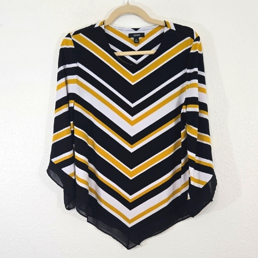 Alfani Gold/Black/White Long Sleeve Poncho-Style Top Office Church Flowy, LP